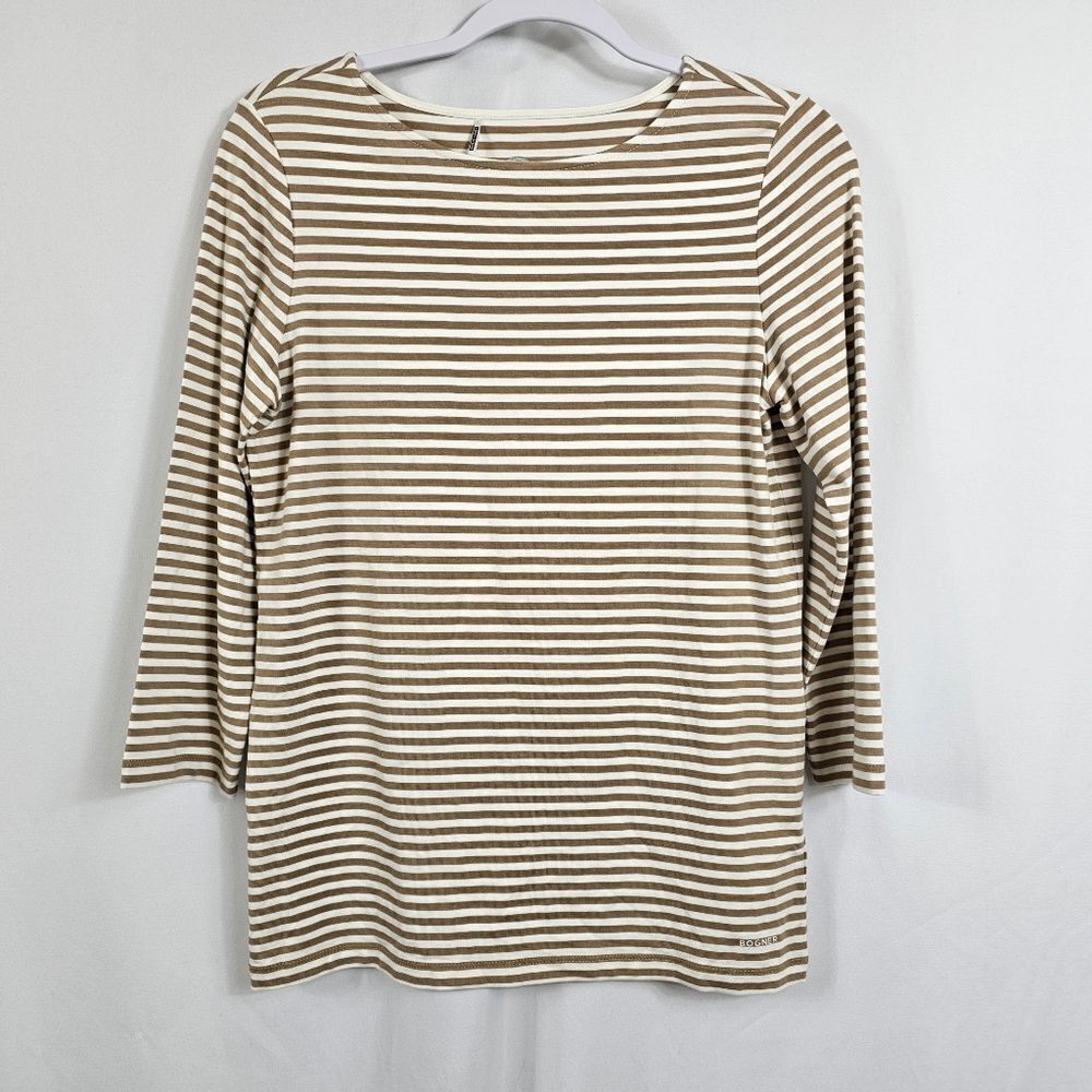 Bogner Louna Long Shirt In White/Brown Stripes - Size 8